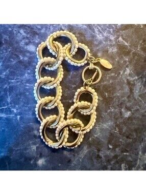 Vintage Signed Ann Taylor Gold Tone and Faux Pearl Bracelet Art Deco Revival